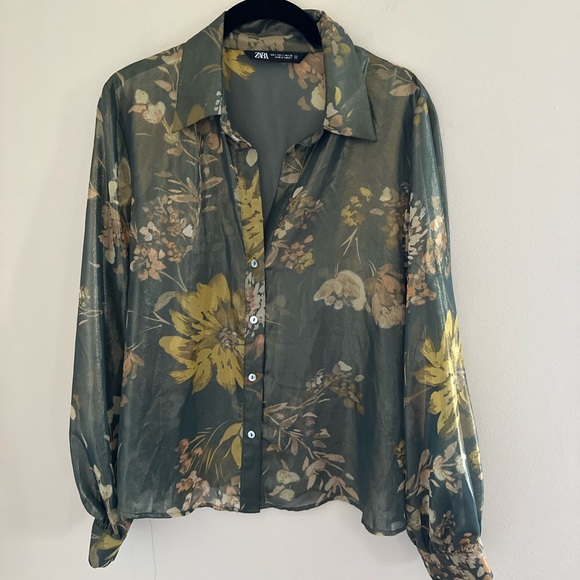 Zara Tops - Zara Foil Floral Sheer Button Down Top